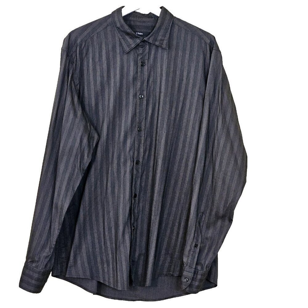 Z Zegna Shirt Mens 16 Gray Black Stripes LS Button Cotton Nylon Elastane Stretch